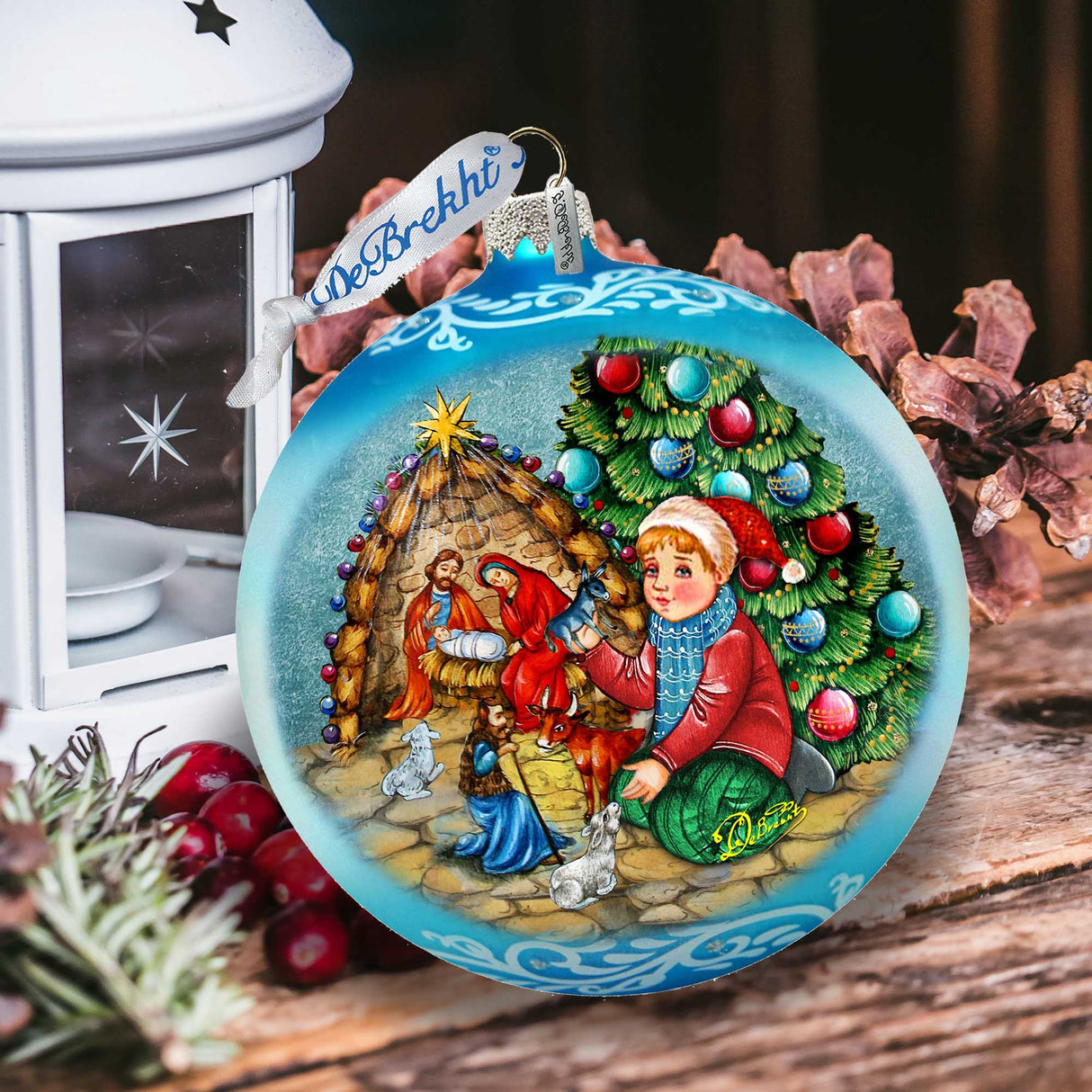Adorno grande de cristal azul "Nacimiento junto al árbol de Navidad" de G.Debrekht - Decoración navideña - 73930B