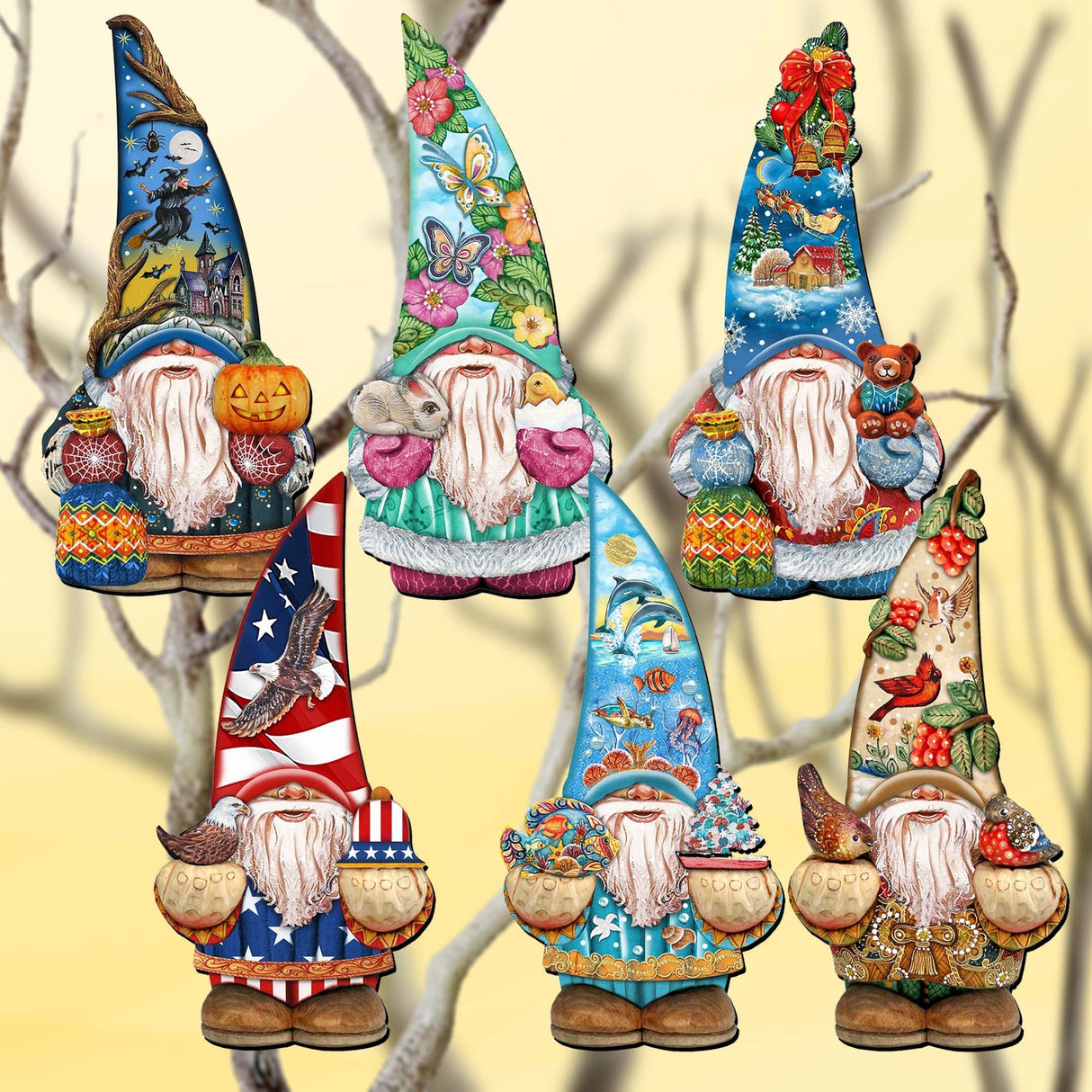 Holiday Gnomes Decorative Wooden Clip-on Ornaments Set of 6 by G. Debrekht - Christmas Decor - 8090138C-S6