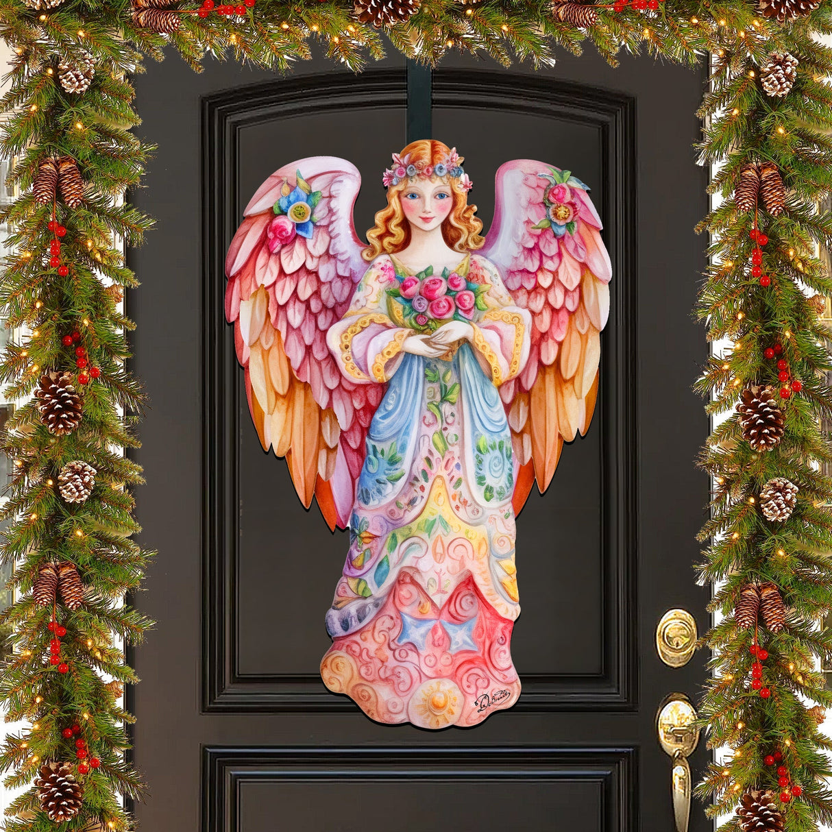 Ángel floral rosa para puerta, decoración navideña de G. Debrekht - 8611023H
