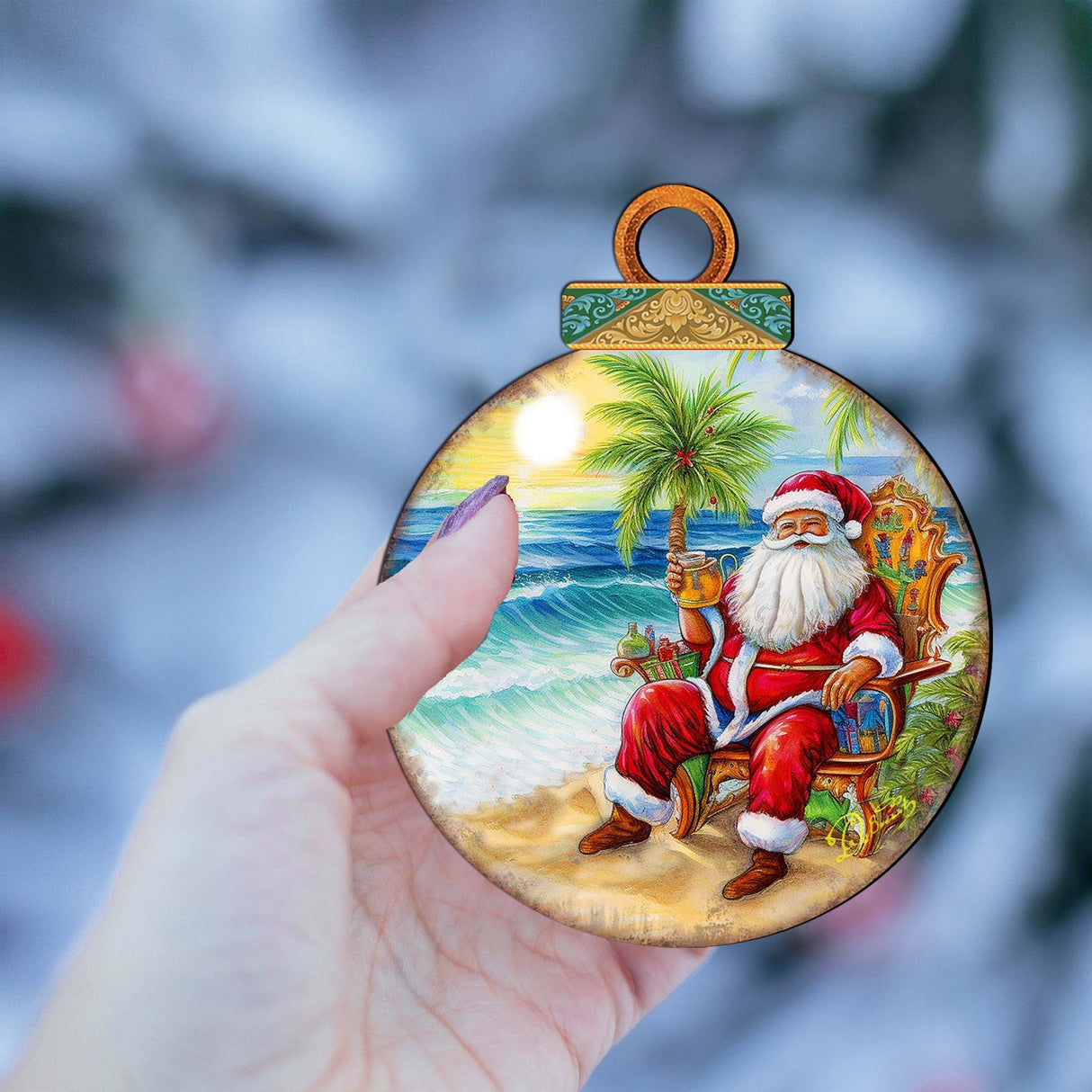 Coastal Christmas Decor - Sunset with Santa Wooden Ornaments by G. Debrekht Coastal Holiday Decor - 8688183