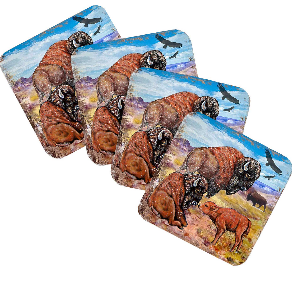 Buffalos Wooden Cork Coasters Gift Set of 4 by Nature Wonders - Nature Wildlife Decor - 95217C-S4