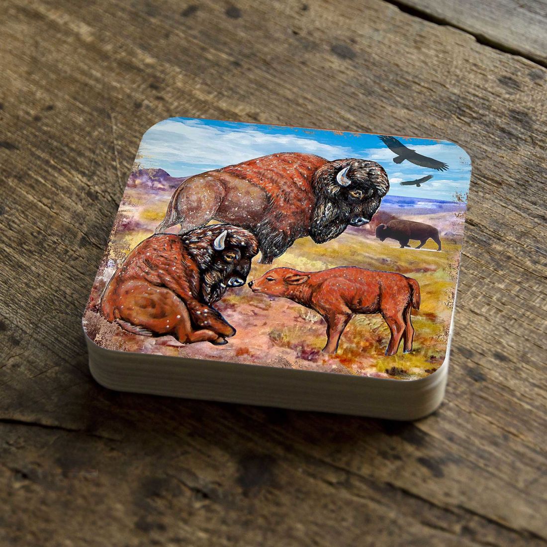 Buffalos Wooden Cork Coasters Gift Set of 4 by Nature Wonders - Nature Wildlife Decor - 95217C-S4