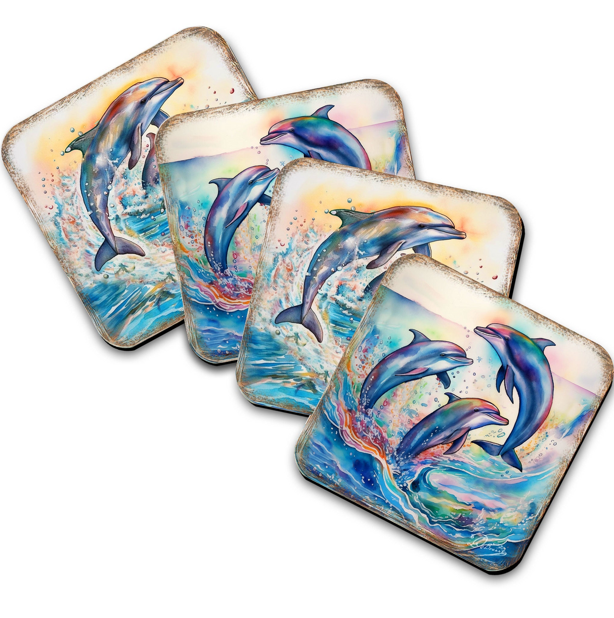Dolphins Wooden Cork Coasters Gift Set of 4 by G. Debrekht - Coastal Holiday Decor - 8199450-3C-S4