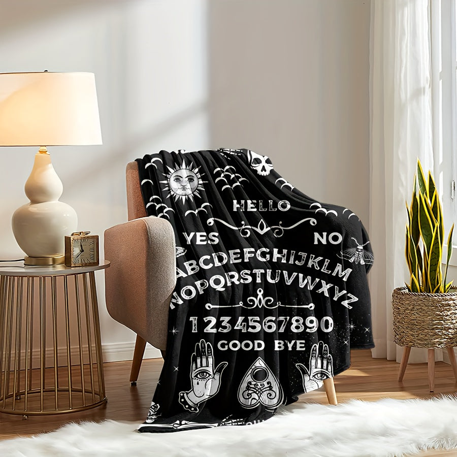 1pc Halloween Blanket Black Gothic Spooky Goth Palmistry Witchy Boho Sun Moon Star Horror Skull Cool Mysterious Throw Blanket For Living Room & Bedroom, Home Decor, Travel