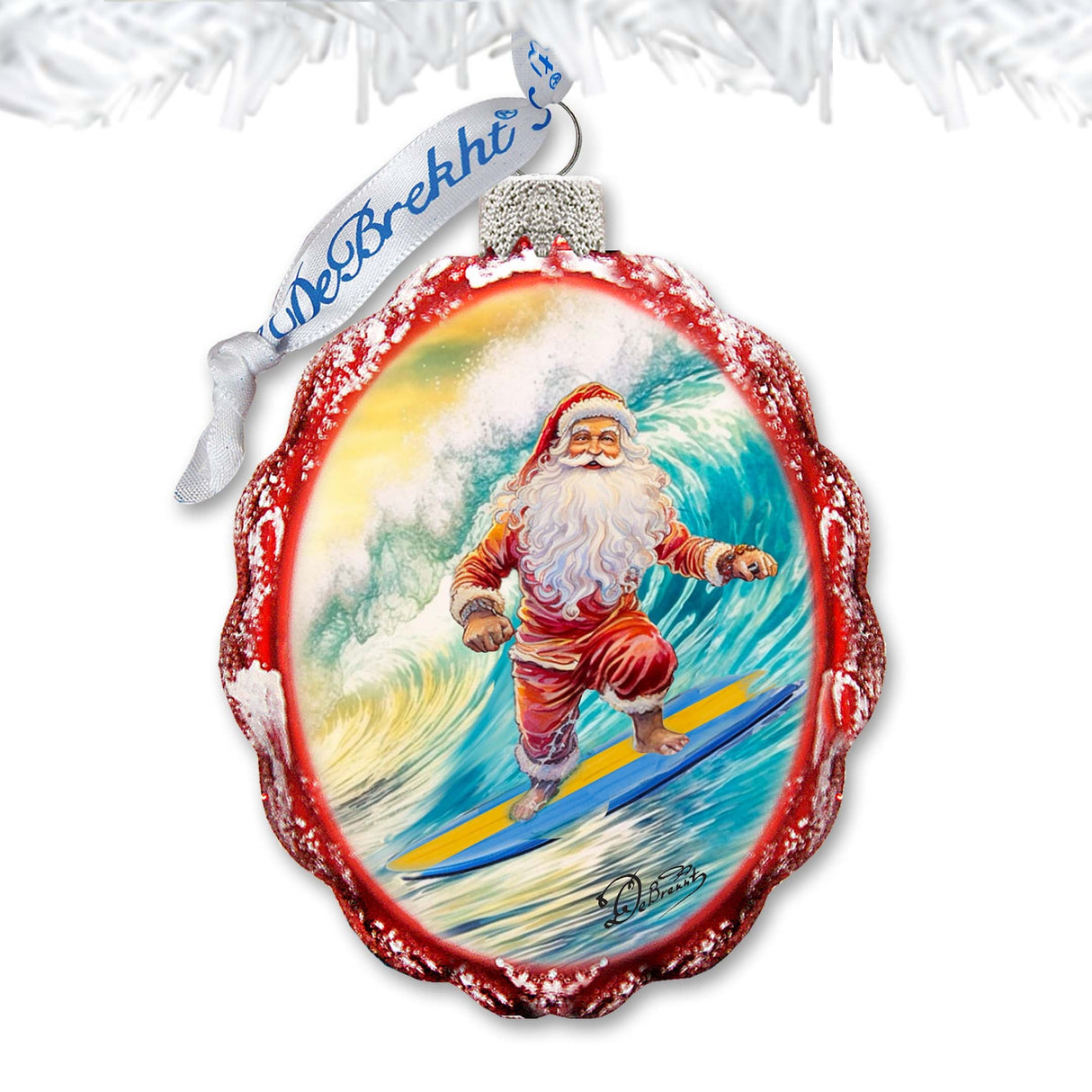 Coastal Christmas Ornaments Santa on the Surfboard Keepsake Glass Ornaments by G. Debrekht - Coastal Holiday Decor - 777392