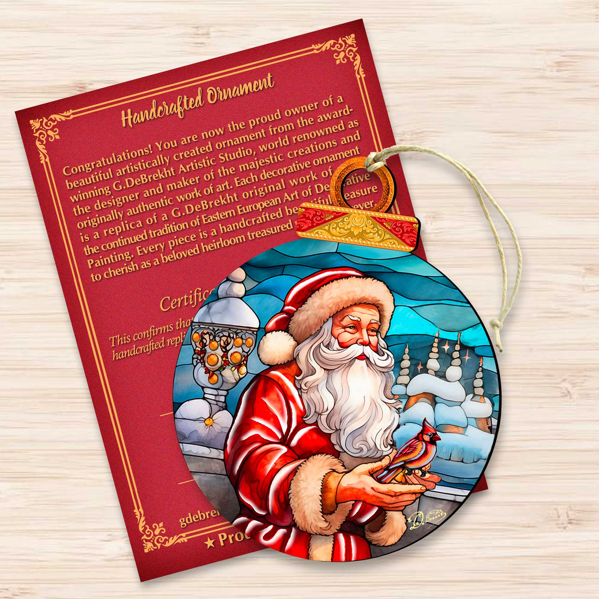 Adornos navideños de madera de Papá Noel con cardenal rojo de G. Debrekht - Decoración de muñeco de nieve de Papá Noel - 8652807