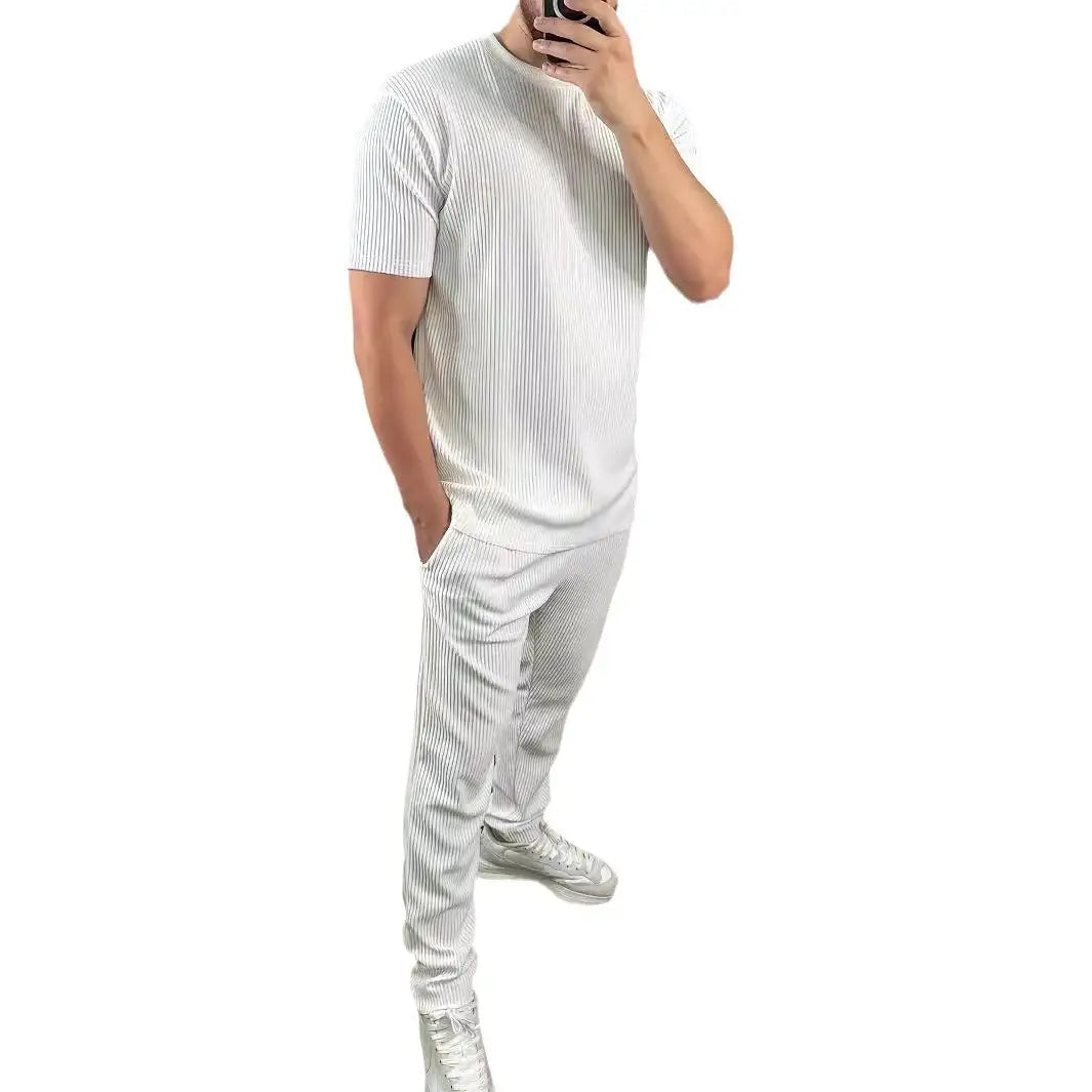 European And American Slim Fit Round Neck Pullover Short Sleeve Trousers Two-piece Set - Lootquake