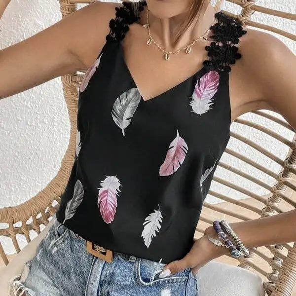 Women's Printed Feather Pattern Design V-neck Fashionable Slimming Camisole Vest - Lootquake
