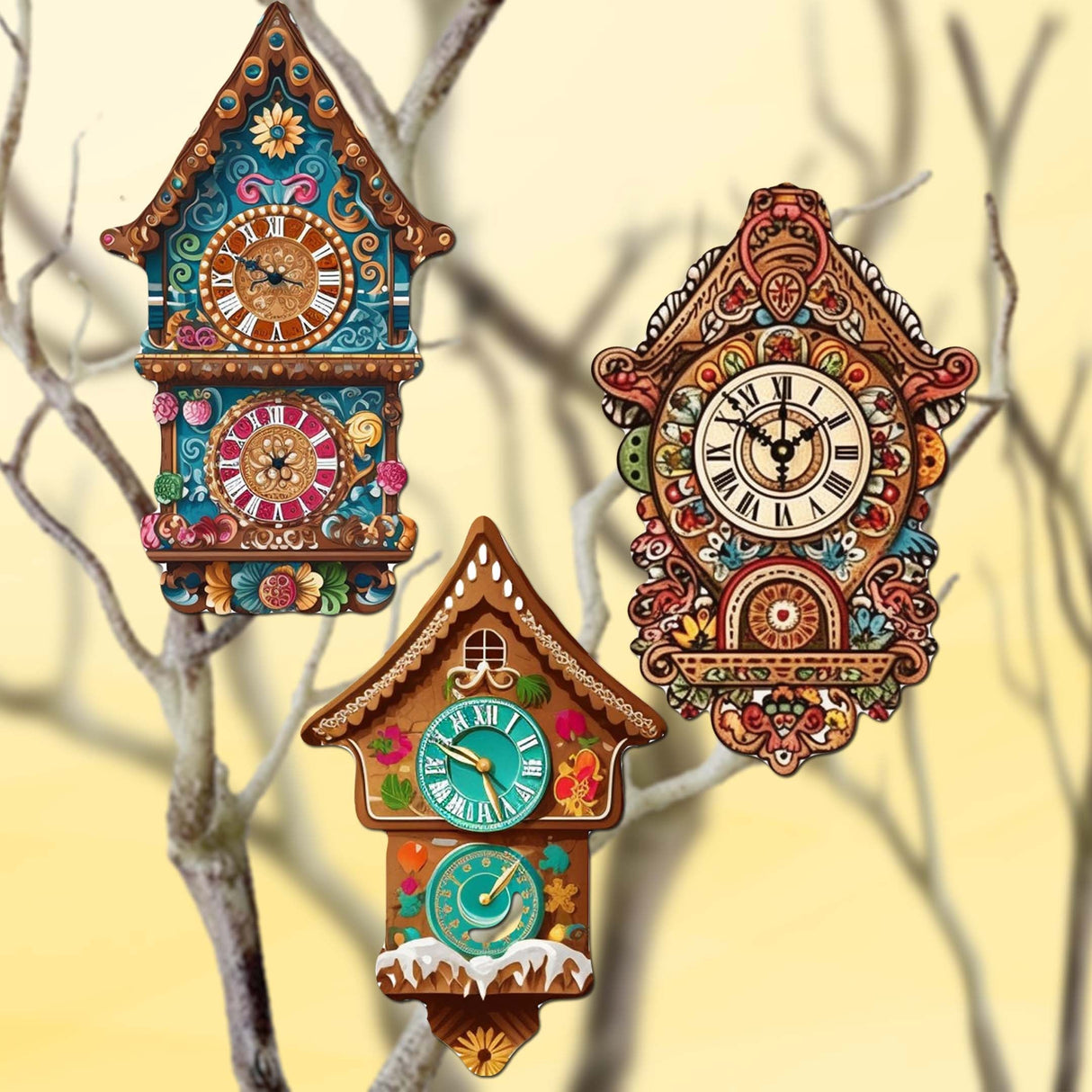 Miniature clock Decorative Wooden Clip-on Ornaments Set of 3 by G. Debrekht - Christmas Decor - 8091020C-S3