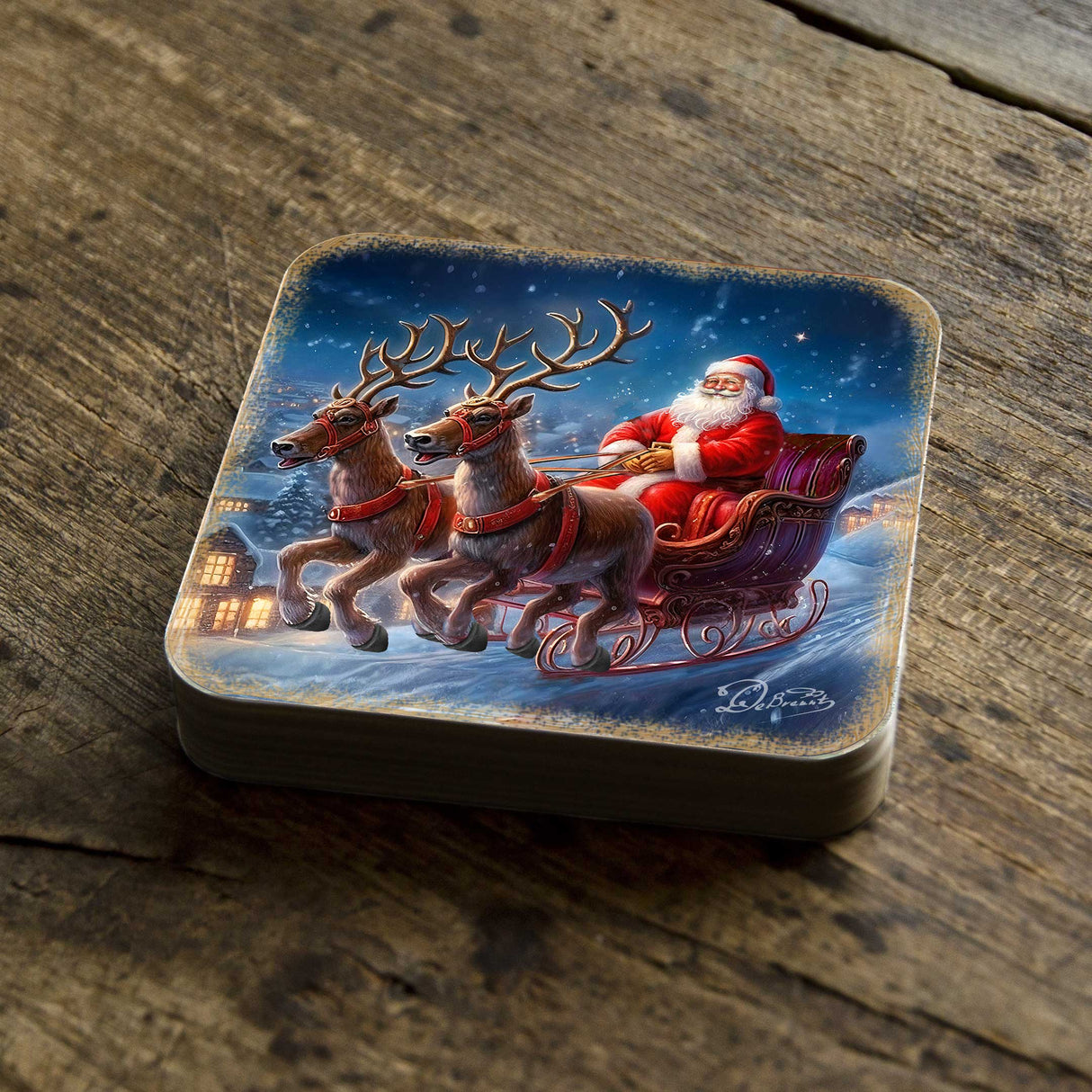 Santa's Sleigh Wooden Cork Coasters Gift Set of 4 by G. Debrekht - Santa Christmas Decor - 8199445C-S4