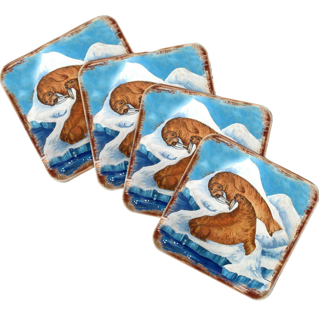 Juego de 4 posavasos de corcho de madera con diseño de leones marinos de Nature Wonders - Decoración de vida silvestre costera - 95377C-S4