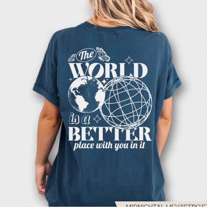 Camiseta de algodón con letras impresas en 2D, cielo estrellado y tierra