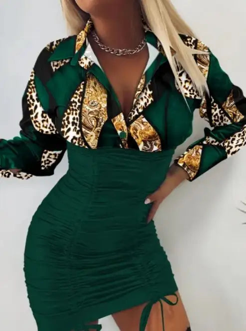 Women's Printed Waist Cinching Drawstring Pleated Hip Hugging Dress - Lootquake