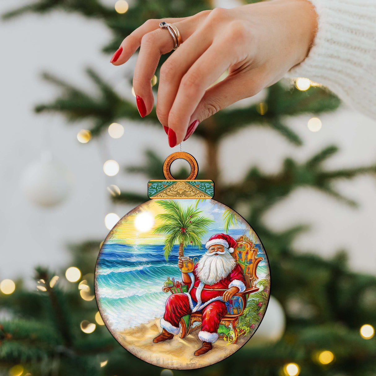 Coastal Christmas Decor - Sunset with Santa Wooden Ornaments by G. Debrekht Coastal Holiday Decor - 8688183