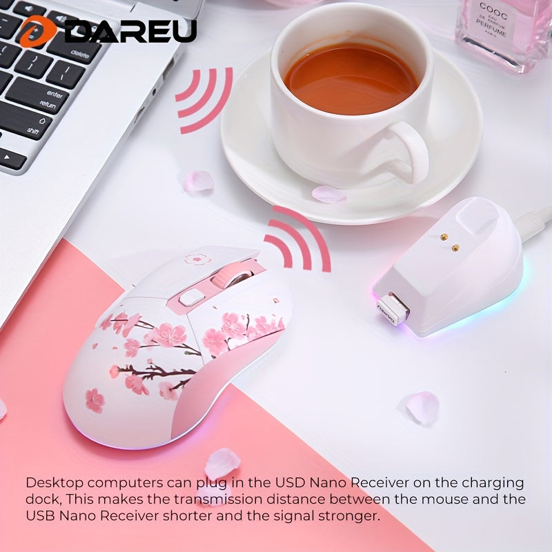 DAREU Sakura Pink Wireless Gaming Mouse - 12K DPI, RGB Rechargeable, 7 Programmable Buttons, Charging Dock Stand, Dual Mode for PC/Laptop/Mac - The Perfect Gift for Birthdays, Valentines, Halloween, Easter, and Girlfriends