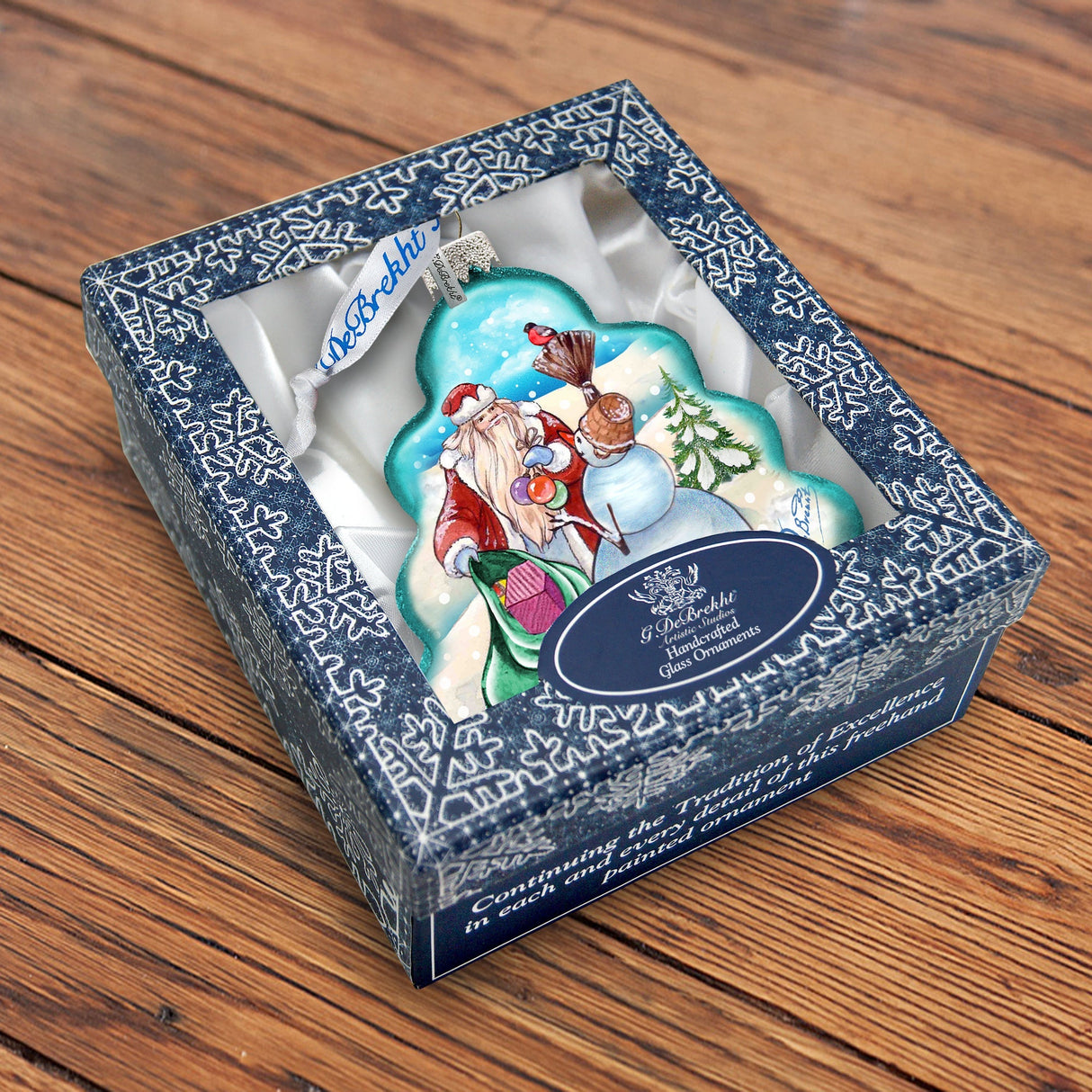 Santa with Snowman Tree Glass Ornament by G. DeBrekht - Christmas Santa Snowman Decor - 762-011