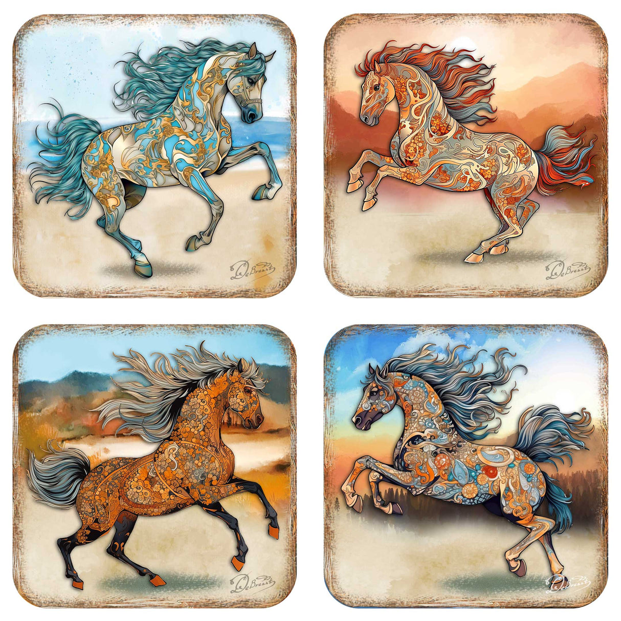 Juego de 4 posavasos de corcho de madera con diseño de caballos de G. Debrekht - Decoración de vida silvestre - 8199444C-S4