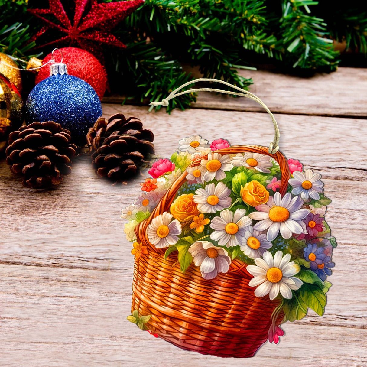 Daisy Basket Wooden Ornaments by G. Debrekht - Love Family Decor - 8688314