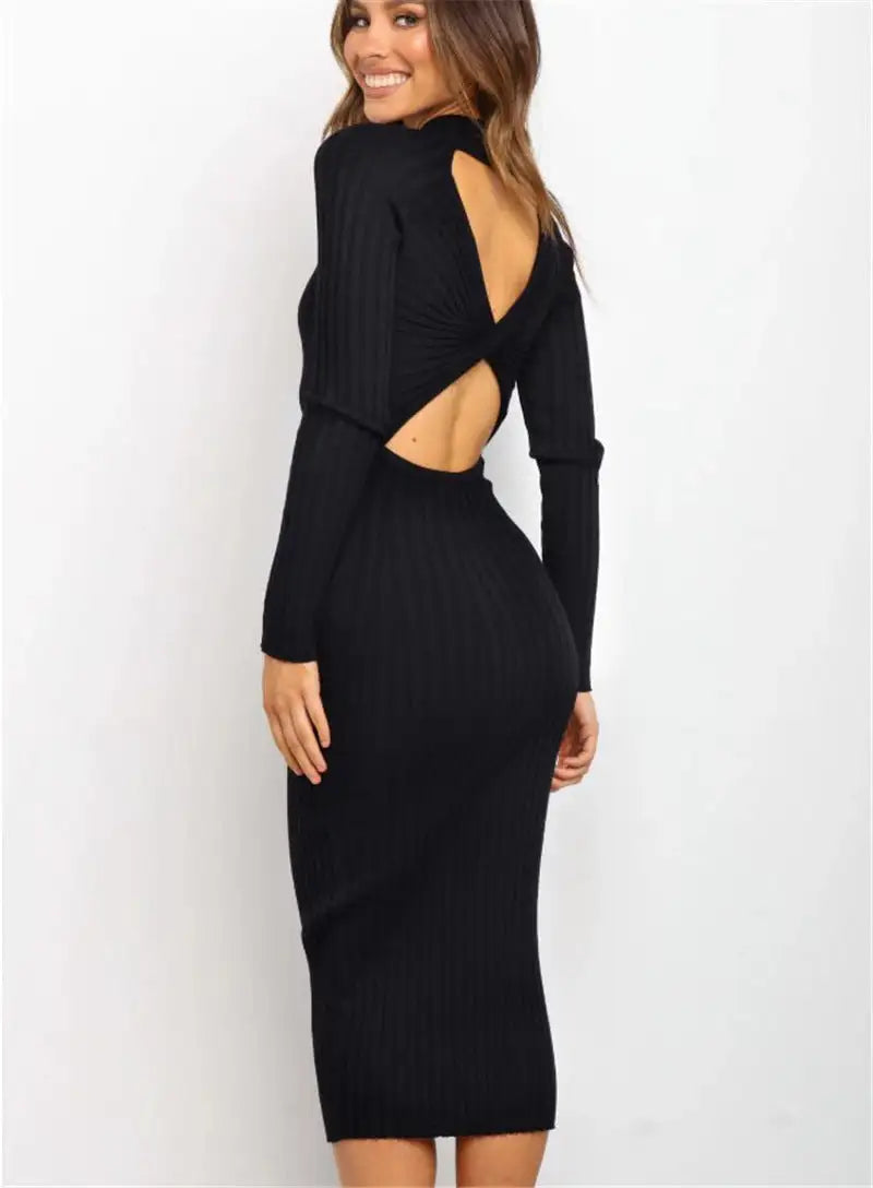 New Style Women's Suits Sweater Dresses Women's Solid Color Backless Bow Tight Dresses - Lootquake
