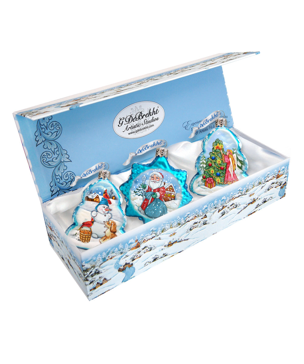 Juego de 3 adornos navideños de vidrio de mercurio de G. DeBrekht - Decoración navideña de Papá Noel y muñeco de nieve - 770127S3