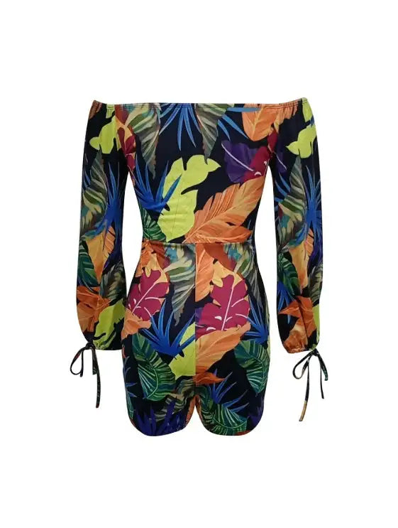 Ladies' Long Sleeved Vacation Elegant And Fashionable Plant Printed Cuffs With Drawstring Design, Chest Strap, Jumpsuit - Lootquake