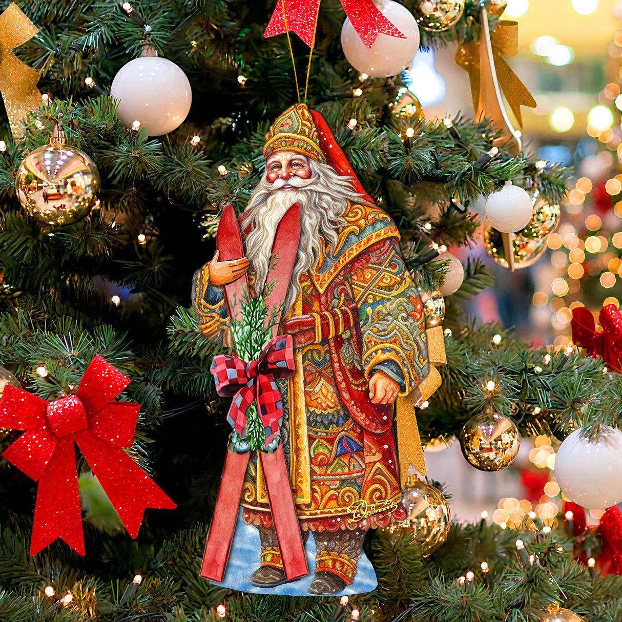 Adornos de madera "Aventura de esquí de Papá Noel" de G. Debrekht - Decoración navideña de muñeco de nieve de Papá Noel - 8691403