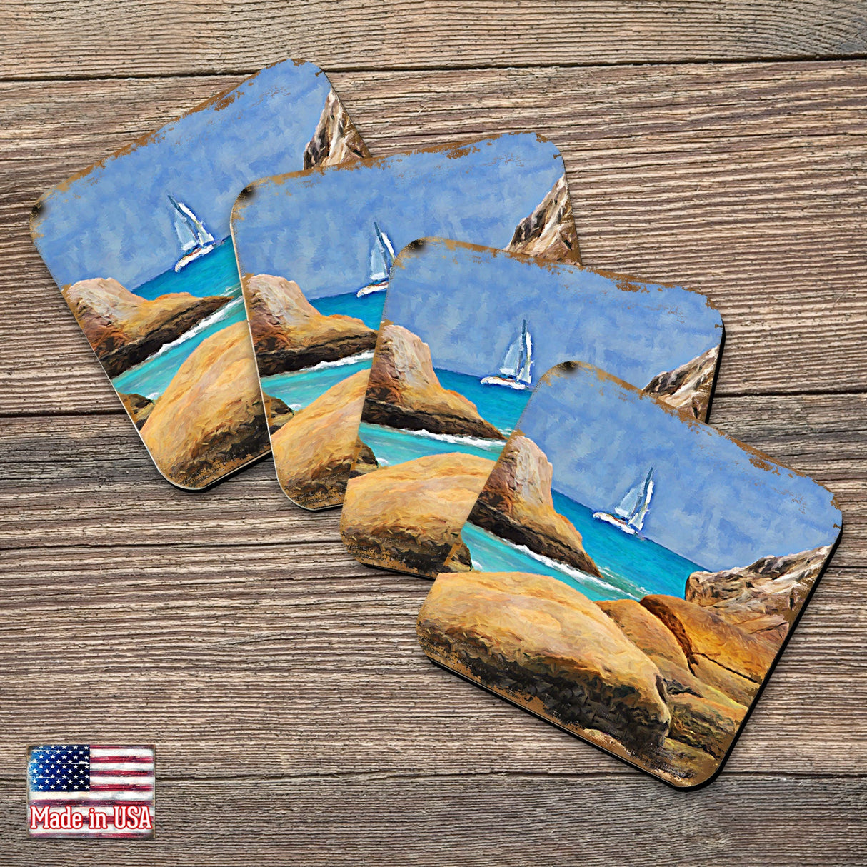 Sailboat Coastal Wooden Cork Coasters Gift Set of 4 by Nature Wonders - 95274C-S4