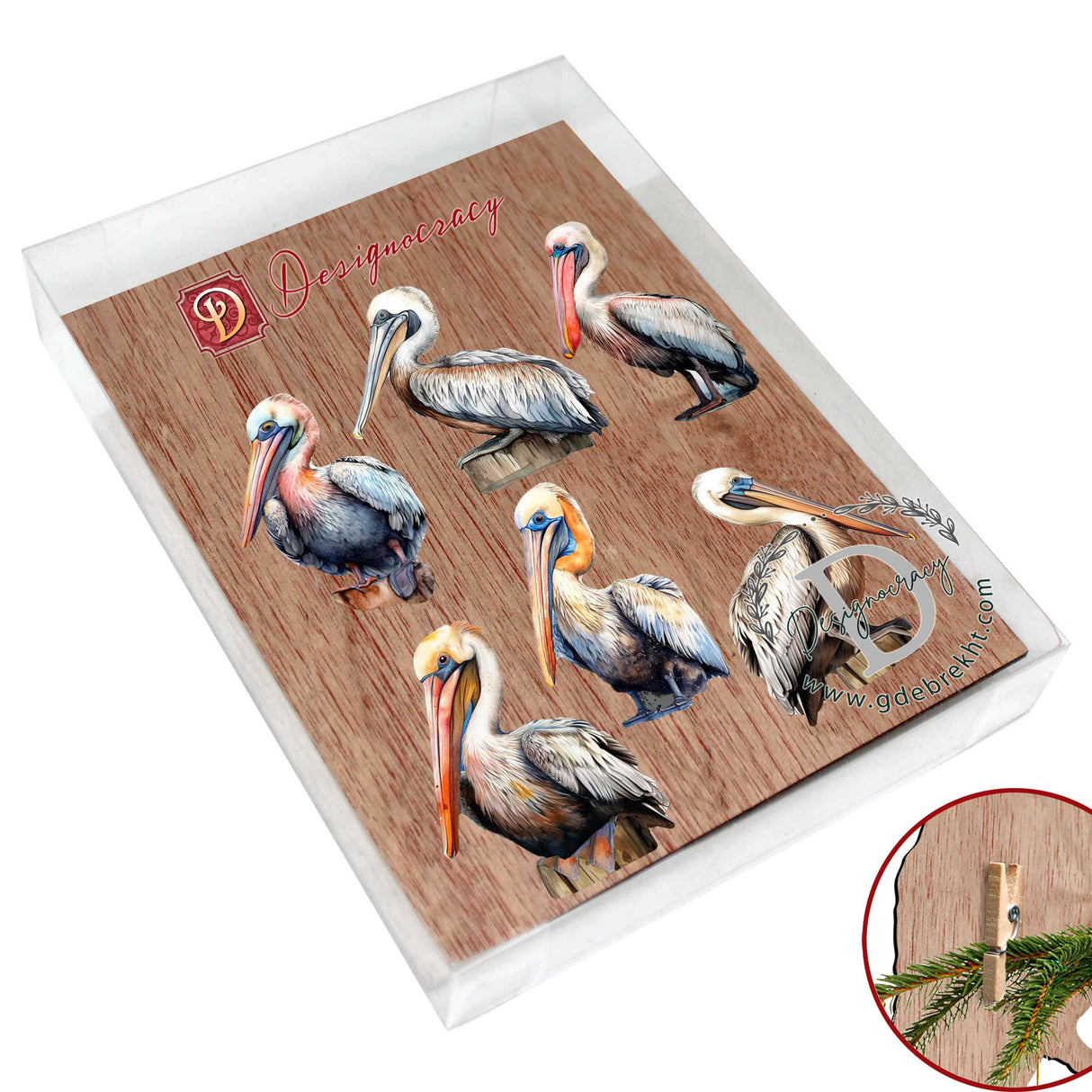 Pelicans Decorative Wooden Clip-on Ornaments of 6 by G. Debrekht - Christmas Decor - 8090014C-S6