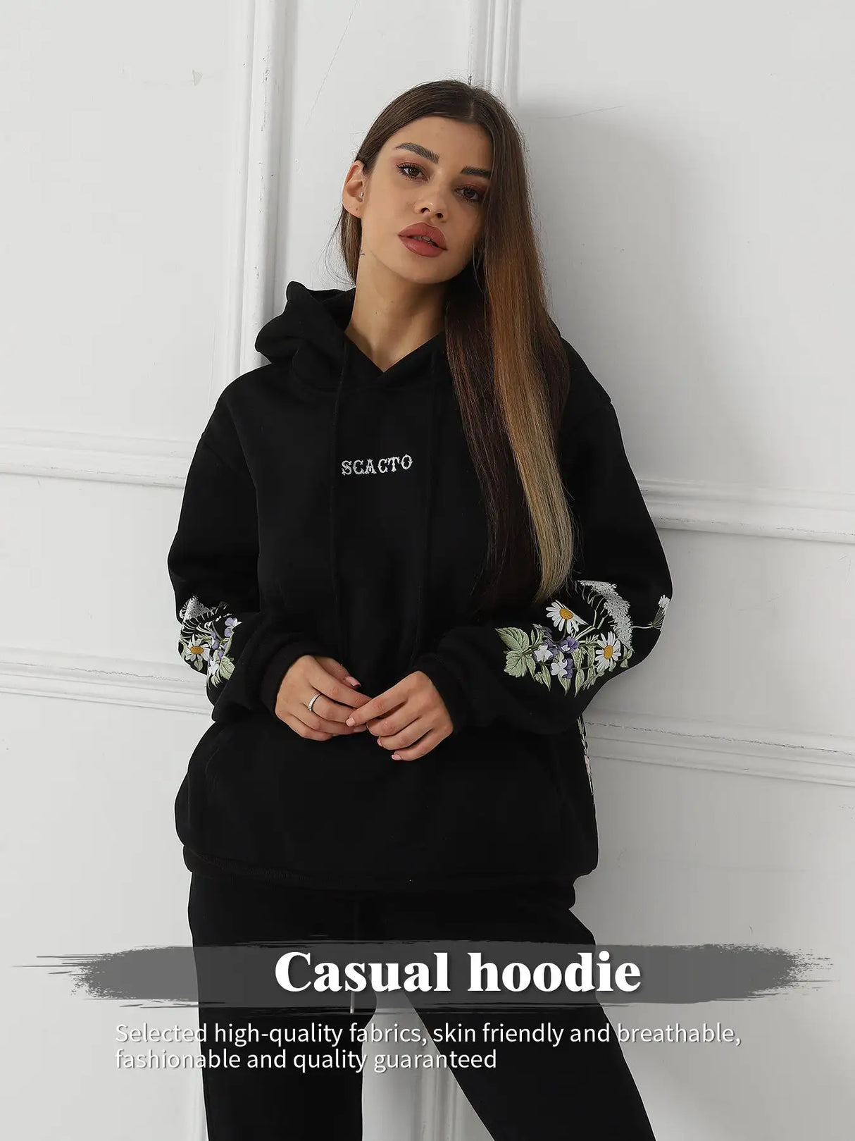 Women's Solid Color Floral Long Sleeved Sweatshirt - Lootquake