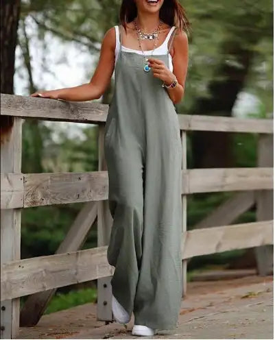 Women's Sleeveless Jumpsuit With Pockets And Adjustable Shoulder Strap Fashion Loose Wide Leg Straight Overalls Summer Beach Trousers - Lootquake