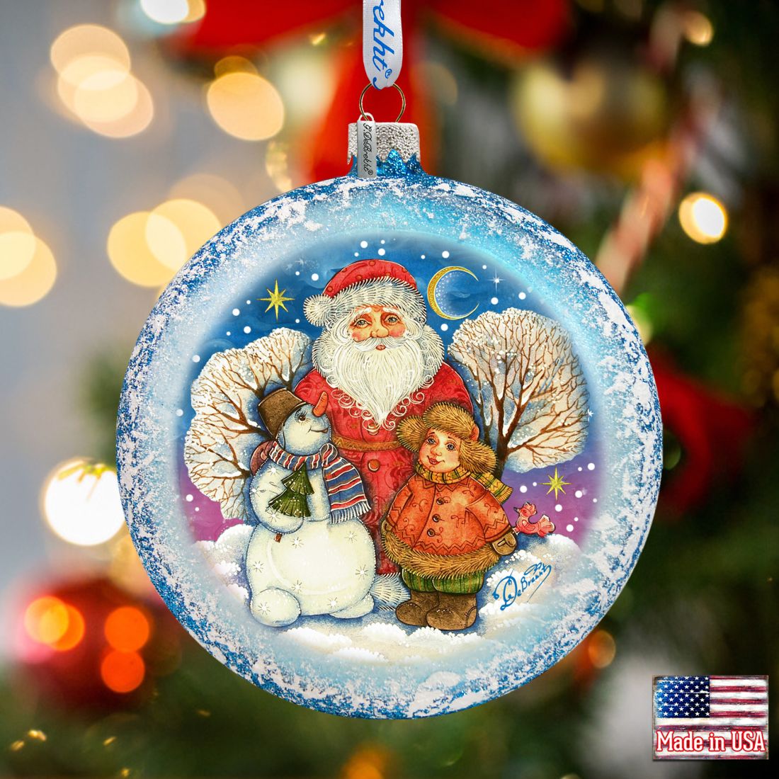 Snow Fun Santa Glass Ornament by G. DeBrekht - Christmas Santa Snowman Decor - 744-039