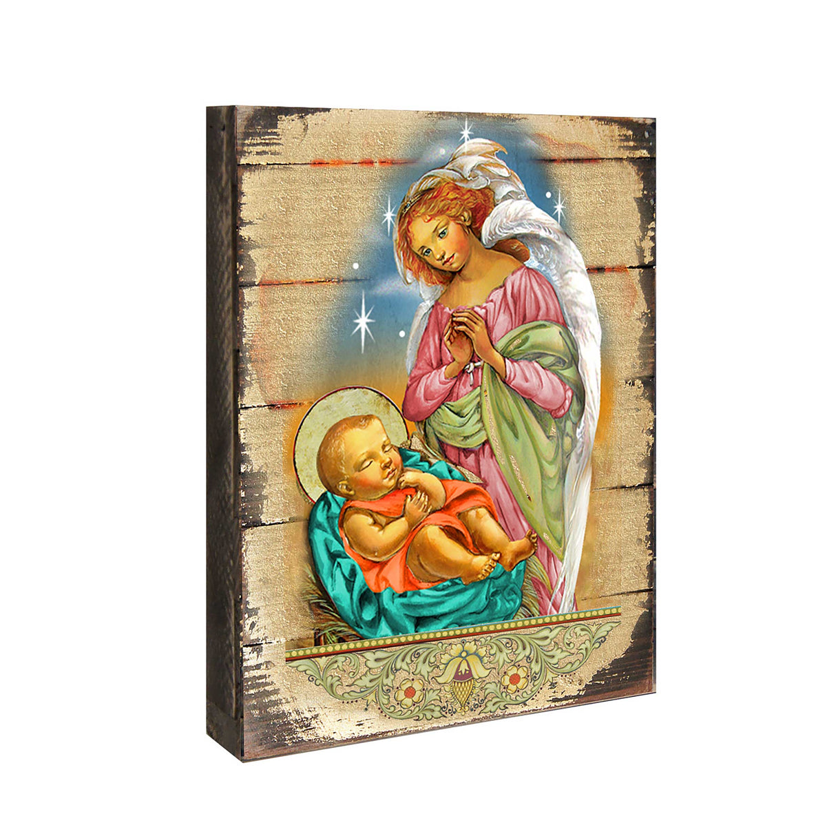 Blessing Angel with Child Wooden Gold Plated Religious Christian Sacred Icon - Inspirational Icon Decor - 85028