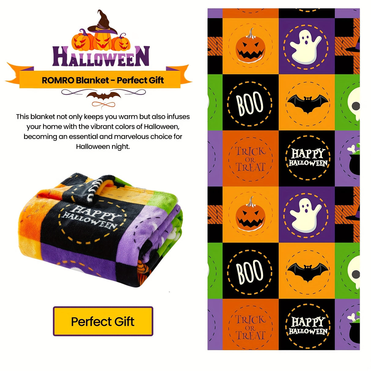 1pc Halloween Fleece Throw Blanket, Bat, Ghost Fall Plaid Blanket, Soft Fuzzy Plush For Couch Sofa Or Bed, Luxury Flannel Lap Blanket