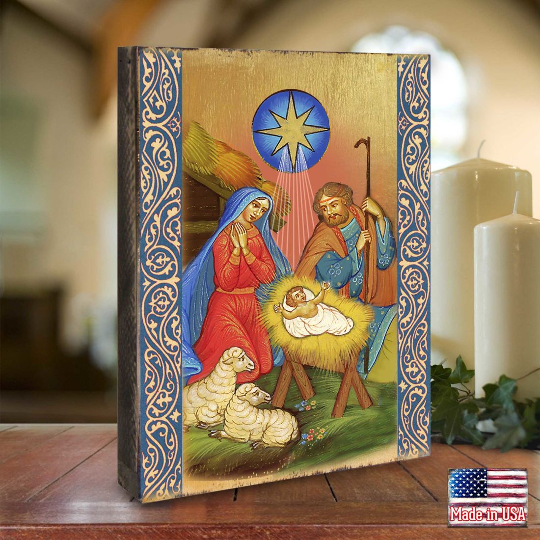 Nativity Birth Wooden Gold Plated Religious Orthodox Sacred Icon - Inspirational Icon Decor - 85019