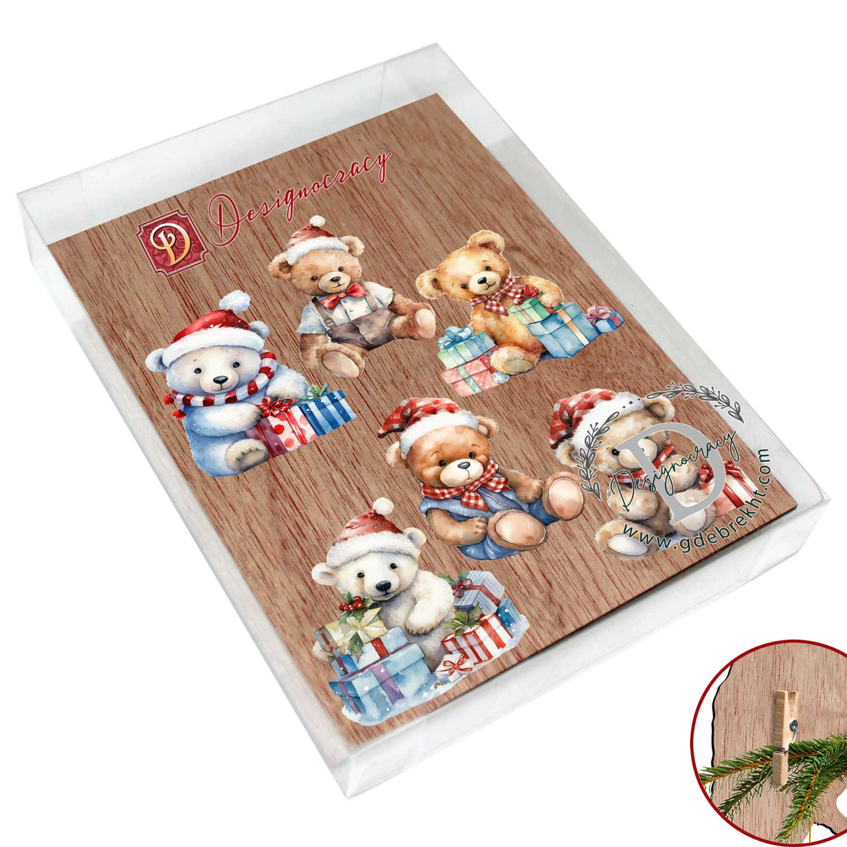 Christmas Teddy Bear Decorative Wooden Clip-on Ornaments of 6 by G. Debrekht - Christmas Decor - 8090011C-S6