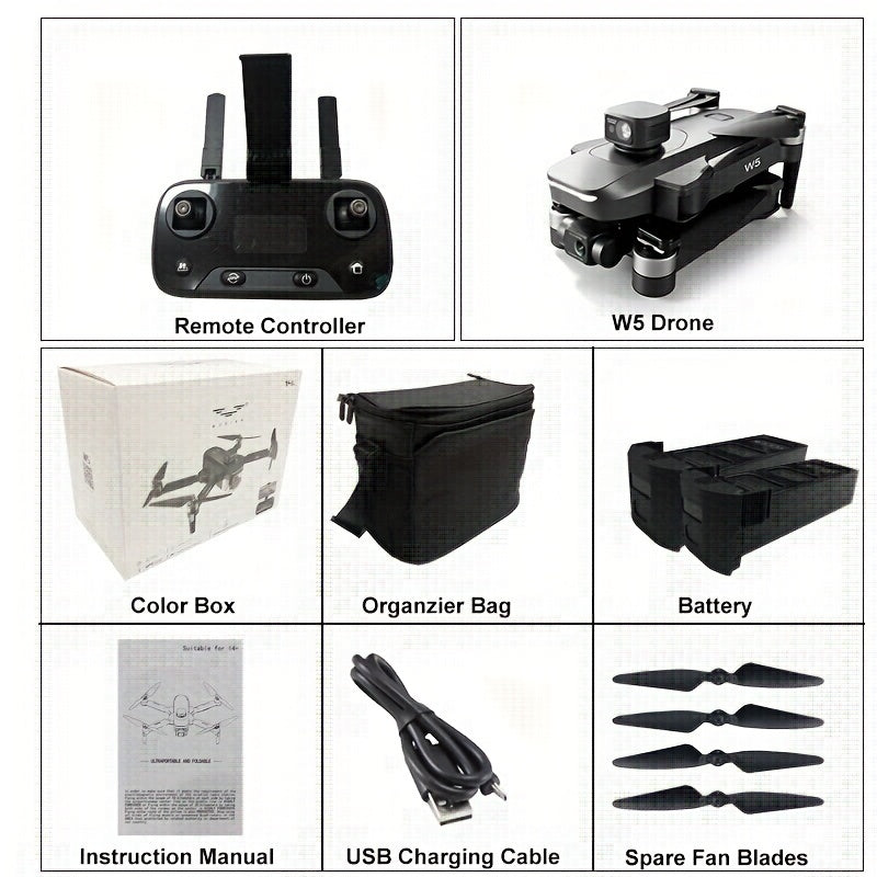 Nuevo dron W5, transmisión de imagen digital de larga distancia (5900 metros), motor sin escobillas superpotente, estabilizador electrónico antivibración de tres ejes EIS, posicionamiento preciso GPS en exteriores, cámara 4K HD, ángulo de visión de 360°.