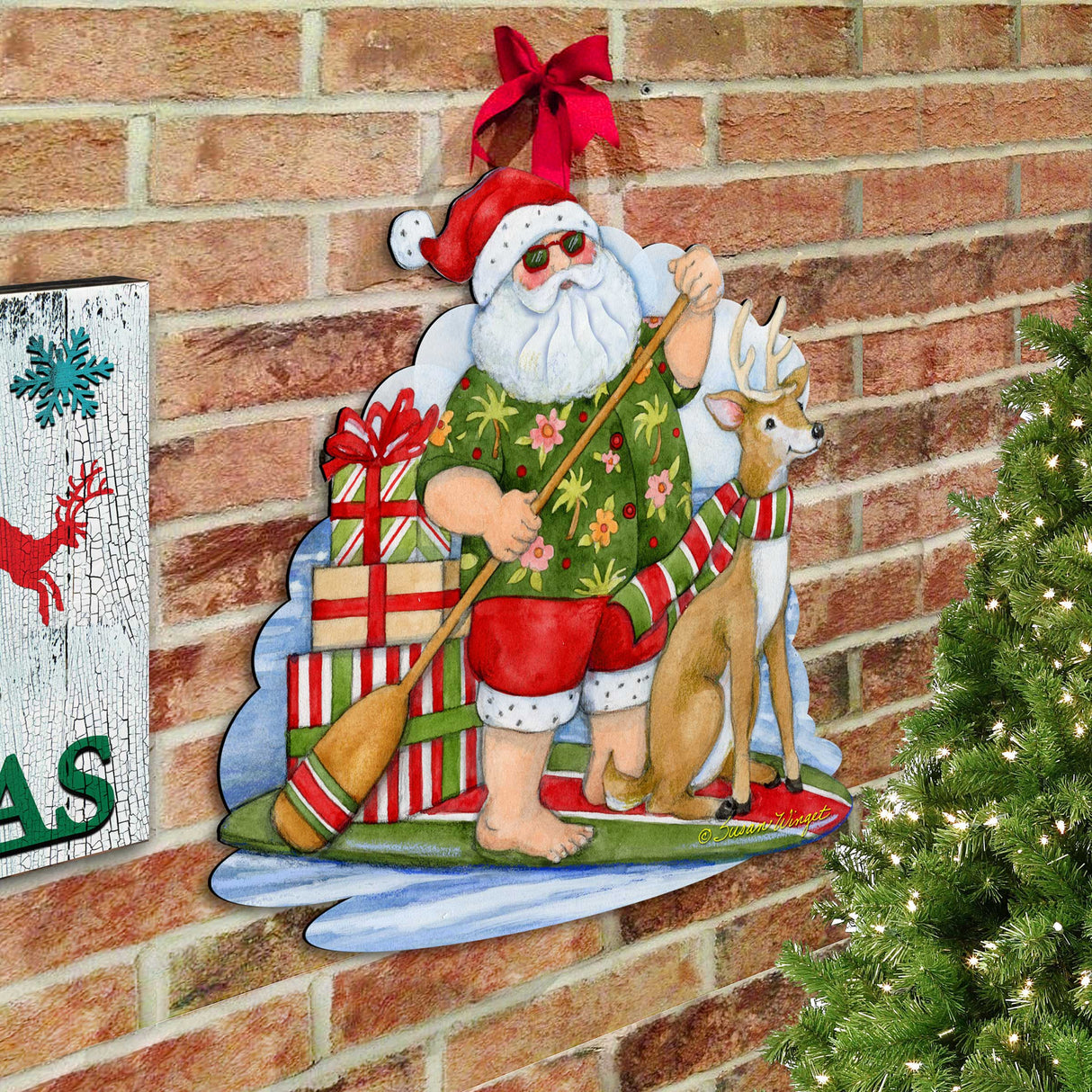 Christmas Decoration Door Hanging Paddleboarding Santa - Santa Door Hanger by Susan Winget Handmade Gift - 8471114H-SW