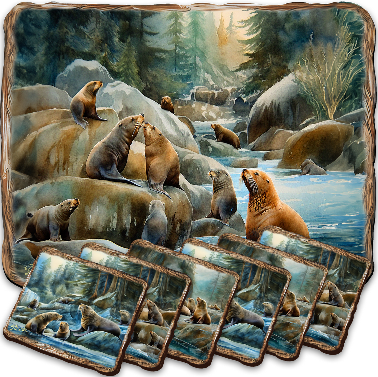 Sea Lion Cave Wooden Cork Placemat and Coasters Gift Set of 7 by Nature Wonders Coastal Nature Wildlife Decor - 85413C-S7