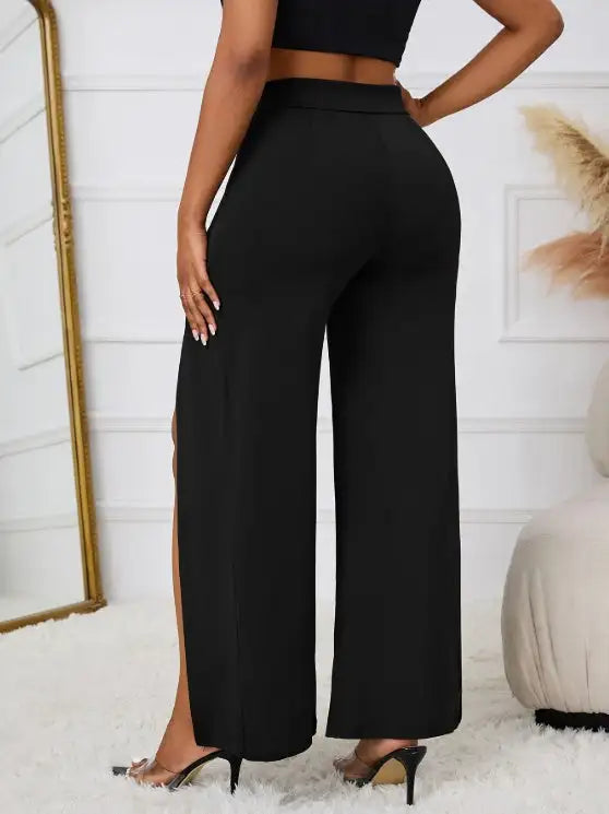 Ladies' Solid Color Belt, Loose Wide Leg Slit, Elegant Straight Leg Pants - Lootquake