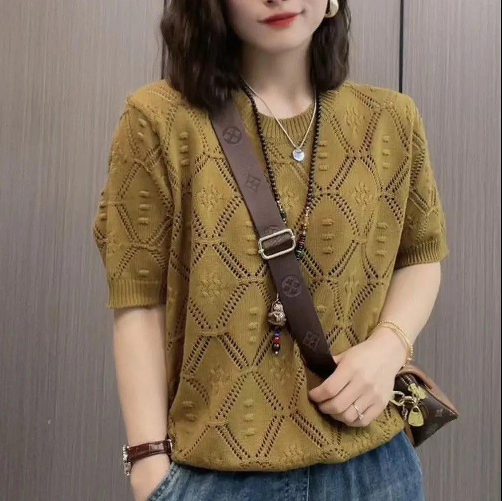 Pull d'été fin à manches courtes et col rond pour femme