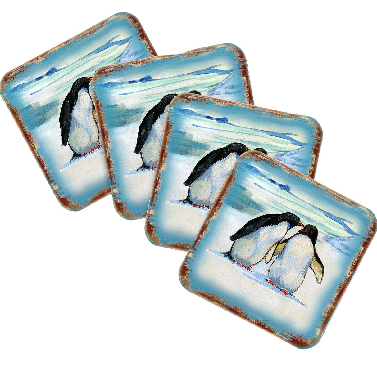 Penguins Wooden Cork Coasters Gift Set of 4 by Nature Wonders - Nature Wildlife Decor - 95382C-S4