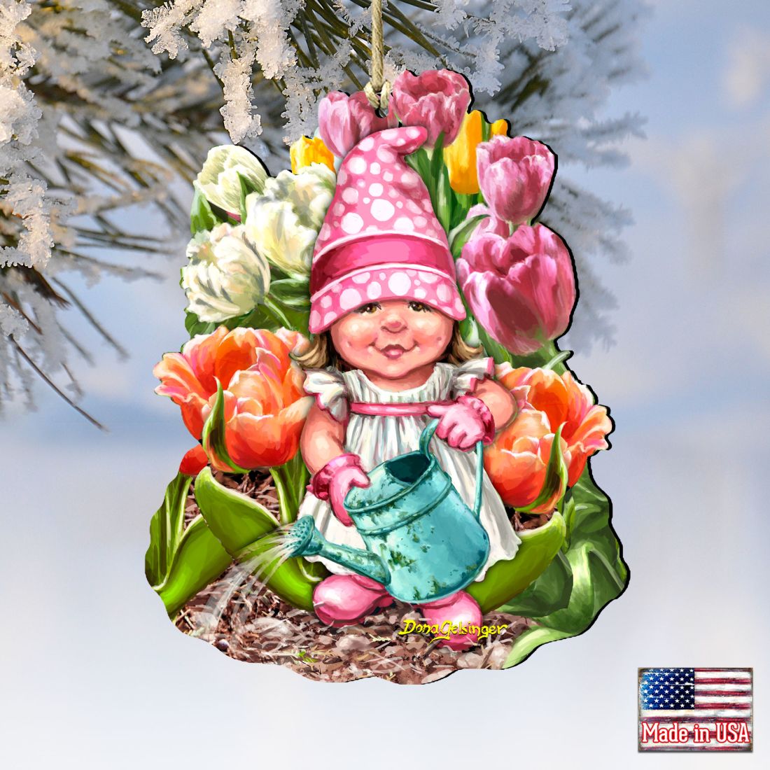 Adornos de madera con forma de gnomo enano y corona de flores de primavera de Gelsinger - Decoración de Pascua primaveral - 8461063-DG