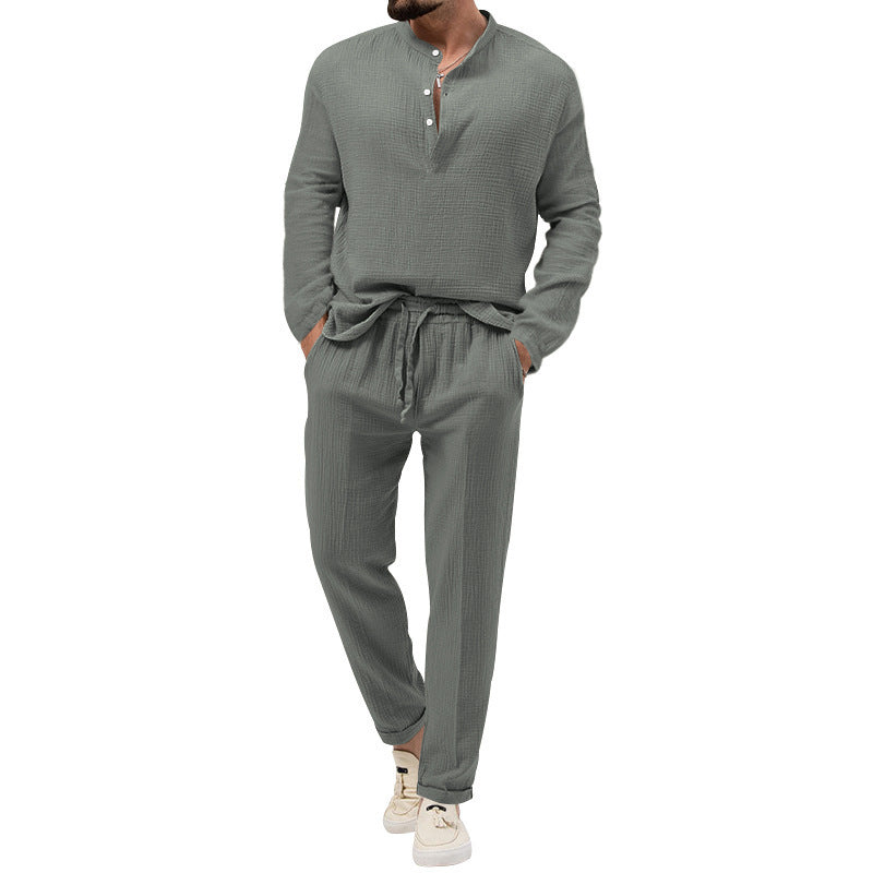 Men's Solid Color Casual Long Sleeve Shirt And Trousers Suit - Lootquake