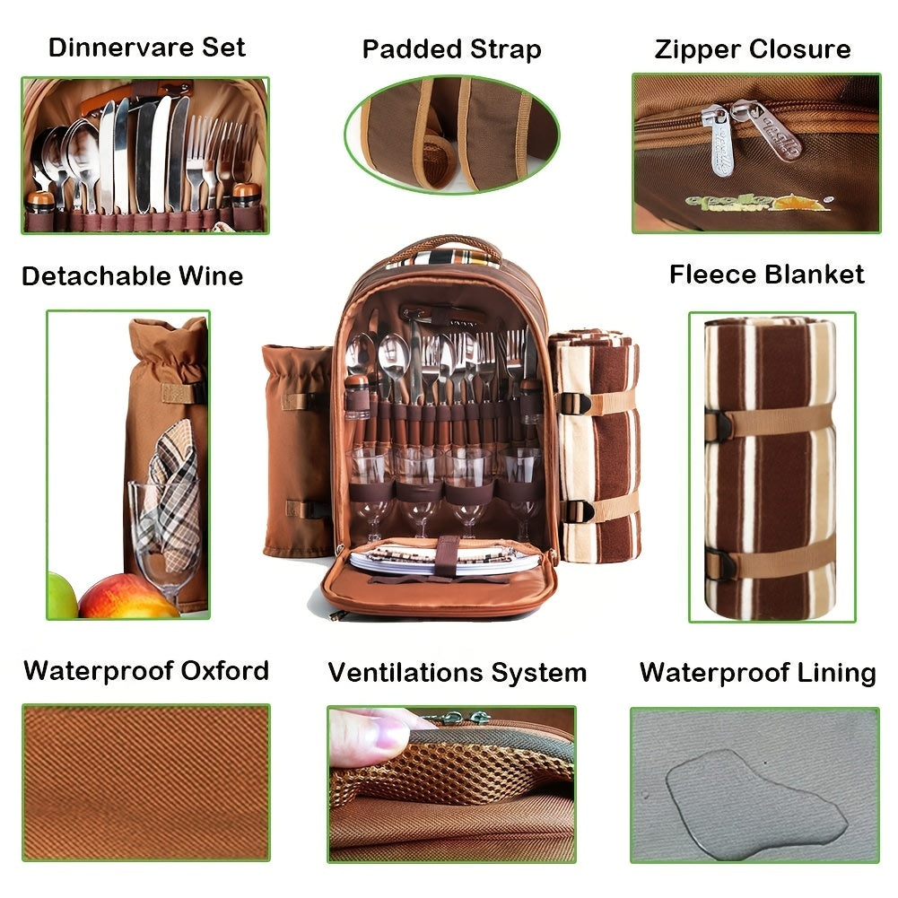 4-Person Picnic Backpack with Cooler Compartment, Detachable Bottle/Wine Holder, Fleece Blanket, Plates & Cutlery Set - Perfect for Outdoor, Sports, Hiking, Camping, BBQs (Coffee), Camping Essentials | Stylish Picnic Bag | St