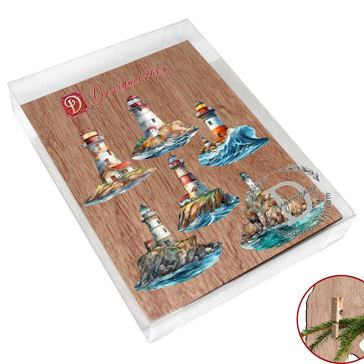 Lighthouse Decorative Wooden Clip-on Ornaments Set of 6 by G. Debrekht - Coastal Decor - 8090022C-S6
