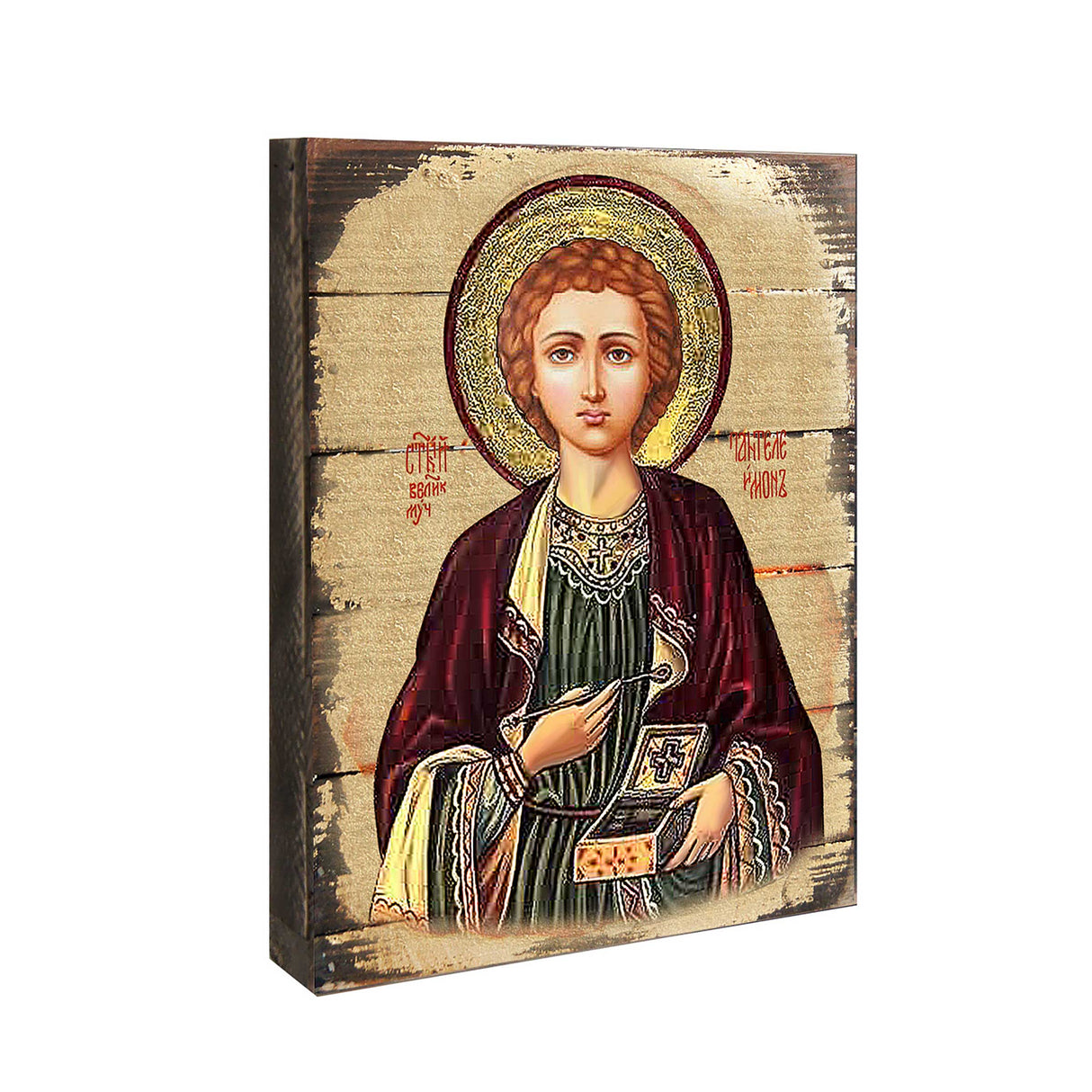 Icono sagrado ortodoxo religioso de madera bañado en oro de San Pantaleón - Decoración inspiradora - 85023