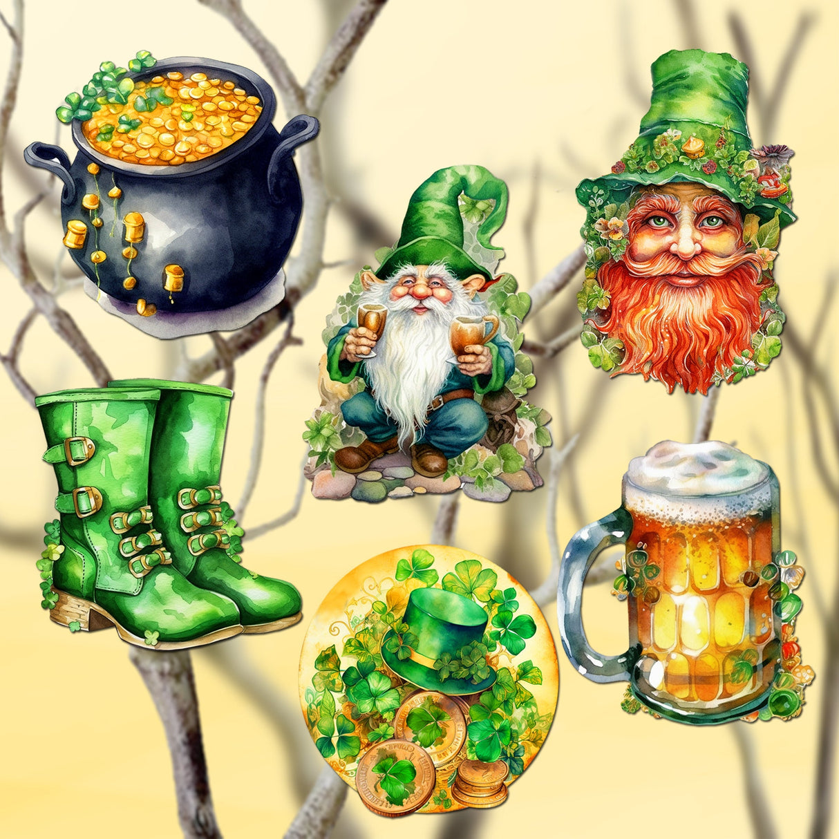 St. Patrick Day Decorative Wooden Clip-on Ornaments Set of 6 by G. Debrekht - St. Patrick Day Decor - 8090058C-S6