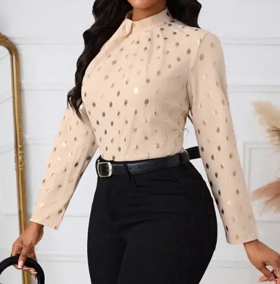 Ladies' Polka Dot Printed Pleated Collar Fashionable Date Commuting Shopping Long Sleeved Shirt - Lootquake