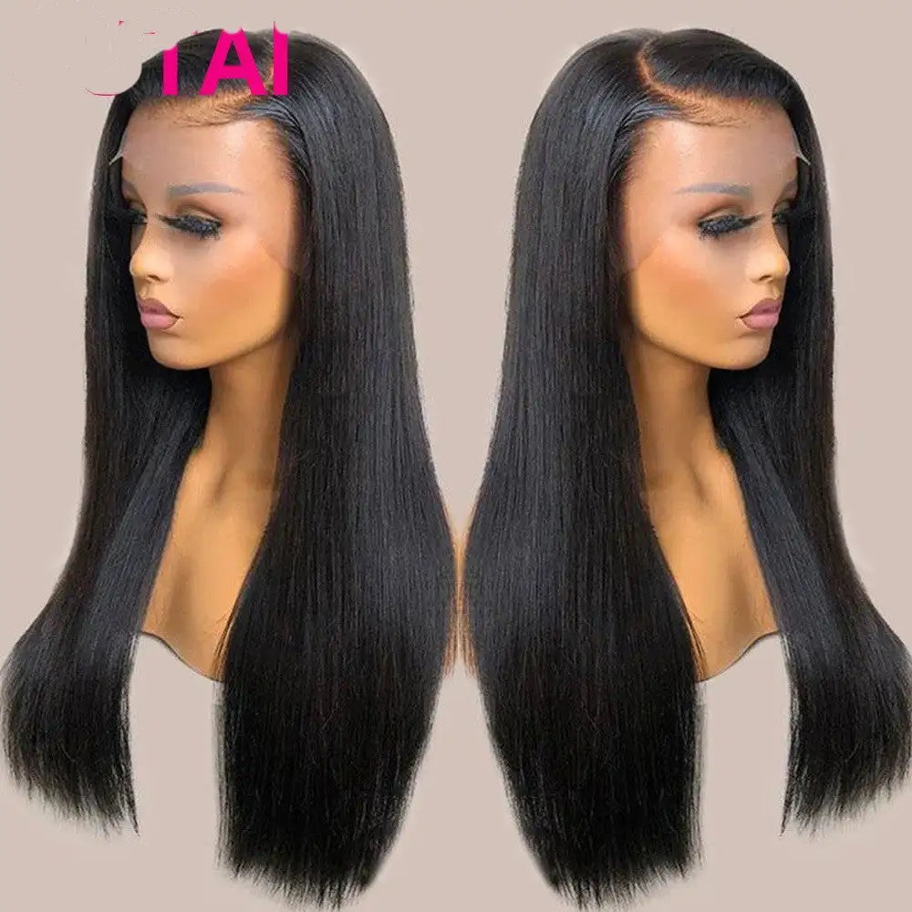 Real Human Hair Lace Wig Set Straight Hair Black Medium Length - Lootquake