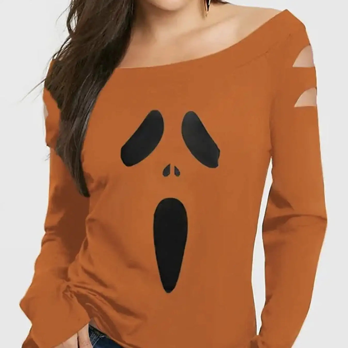 Ladies' Halloween Pumpkin Printed Diagonal Collar Hollow Long Sleeve Gothic T-shirt - Lootquake